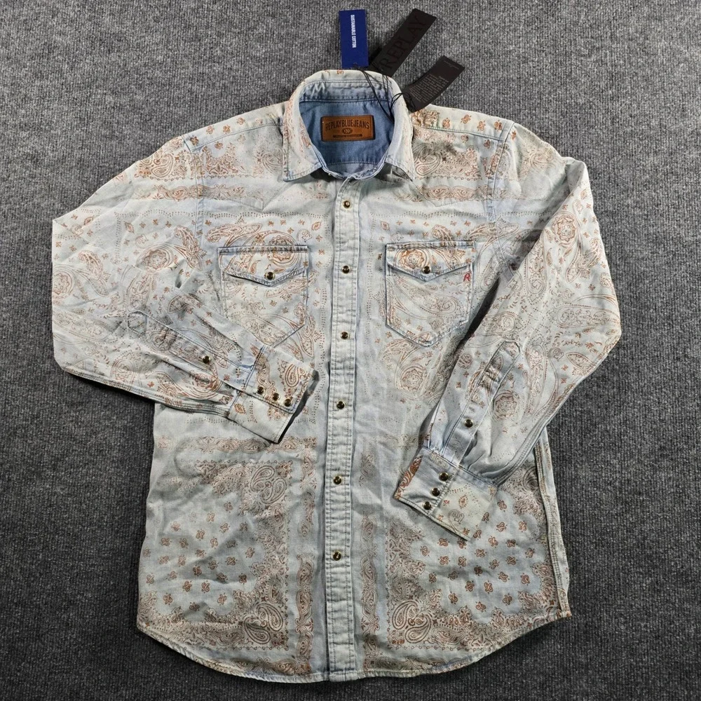 Replay Blue Jeans Mens Paisley Denim Western Shirt Light Wash W2118A Small NWT